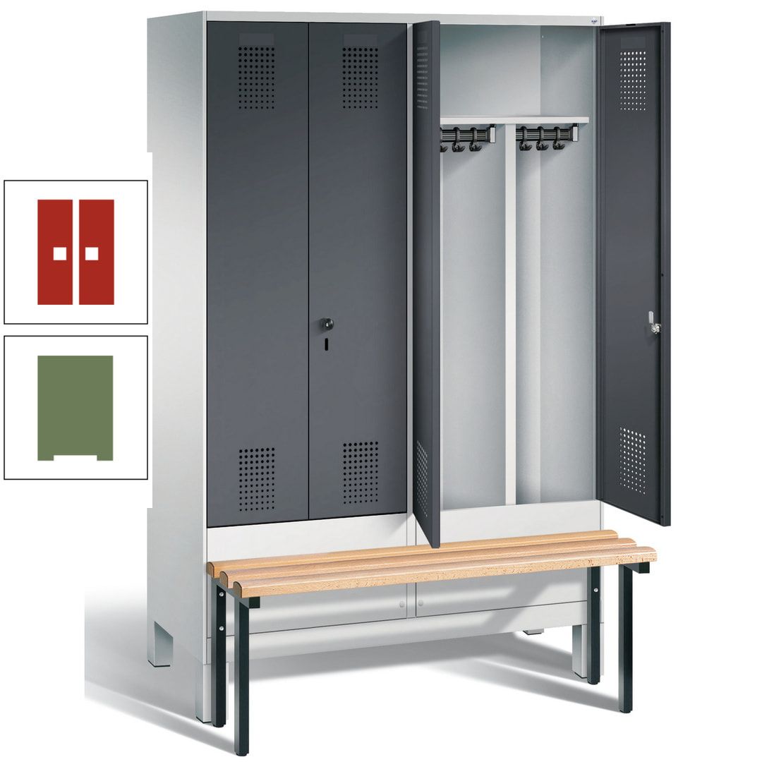 Doppel-Spind, Garderobenschrank, Buche Sitzbank vorgebaut, 4 Abteile a 300 mm, Korpus feuerrot, Tür Wasserblau, 1.850 x 1.200 x 815 mm (HxBxT)