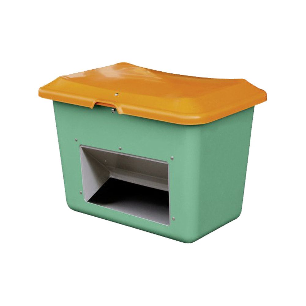 Streugutbehälter für Streusalz, Winterstreumittel, Futtermittel, mit Entnahmeöffnung, 200 l Volumen, 640 x 890 x 600 mm (HxBxT), grau/orange GFK