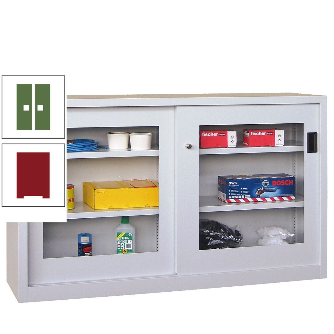 Schiebetürenschrank - Sichtfenstertüren - 1.000x1.500x600 mm (HxBxT) - 4 Böden, verzinkt - Zylinderschloss - anthrazitgrau