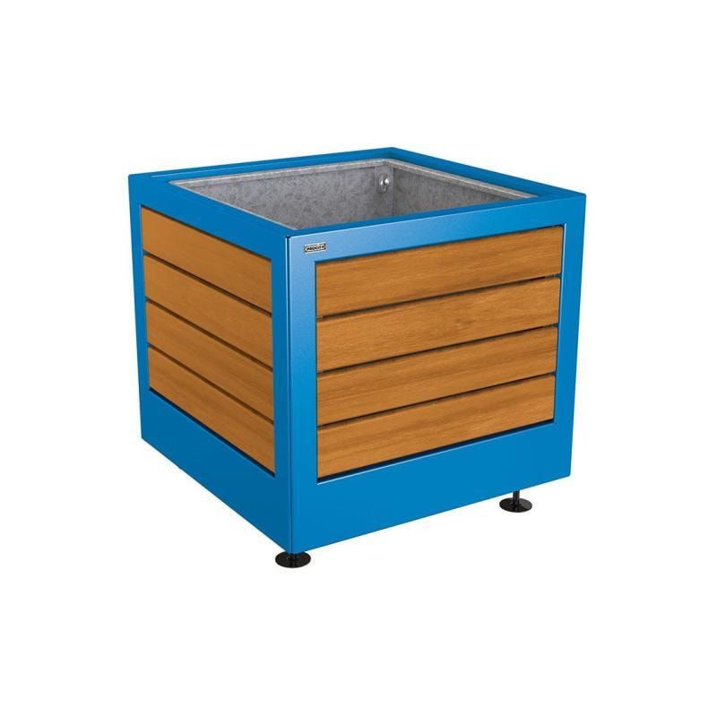 Pflanzbehälter, Stahl und Holz, verstellbare Füße, Innenverkleidung feuerverzinkt mit Verladungsgriffen, 700 x 800 x 800 mm (HxBxT), Farbe enzianblau