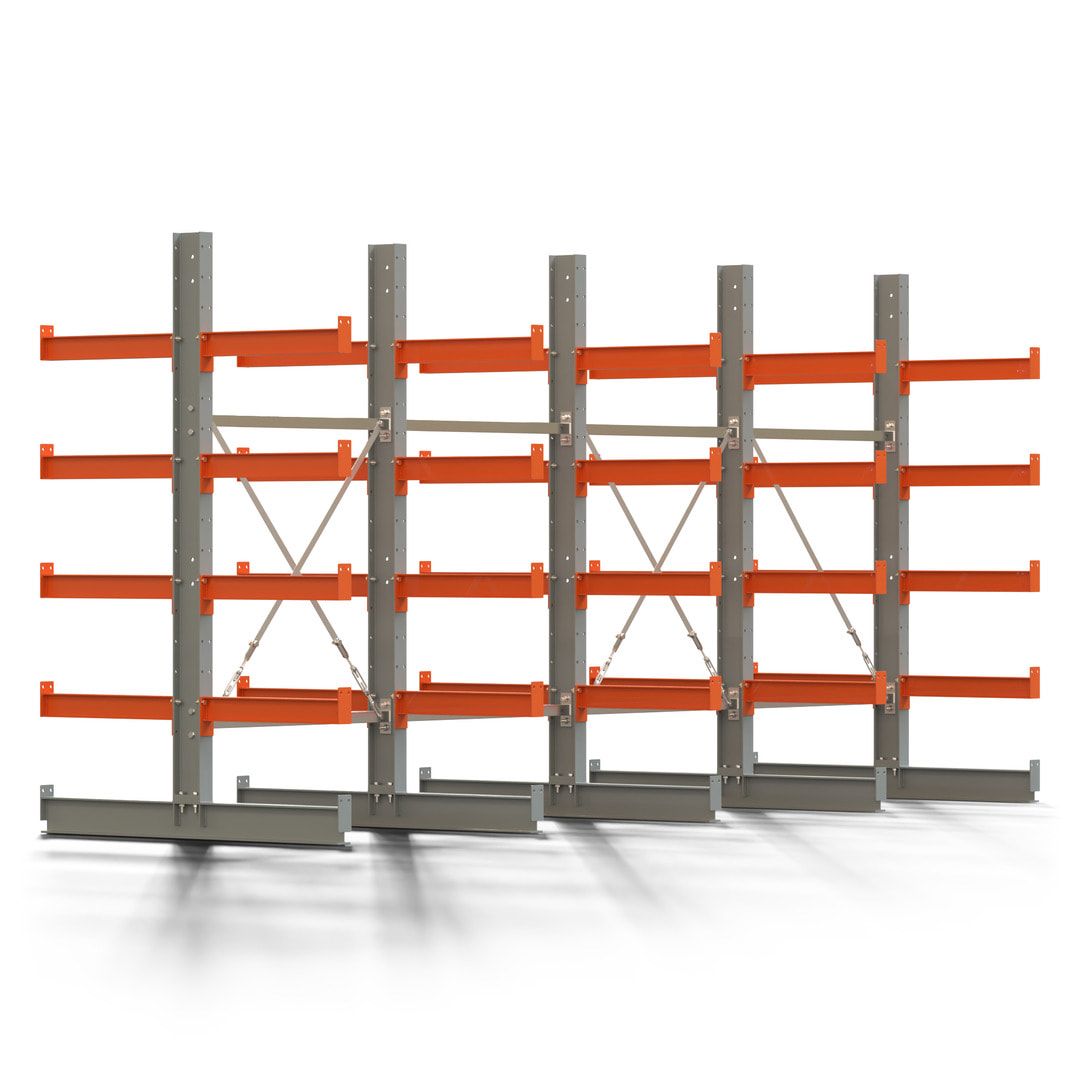 Doppelseitiges Kragarmregal, 2 Felder, 2.000 x 2.000 x 1.120 mm (HxBxT), Nutztiefe 500 mm, Kragarmlast 870 kg, KARL basic, silbergrau/reinorange
