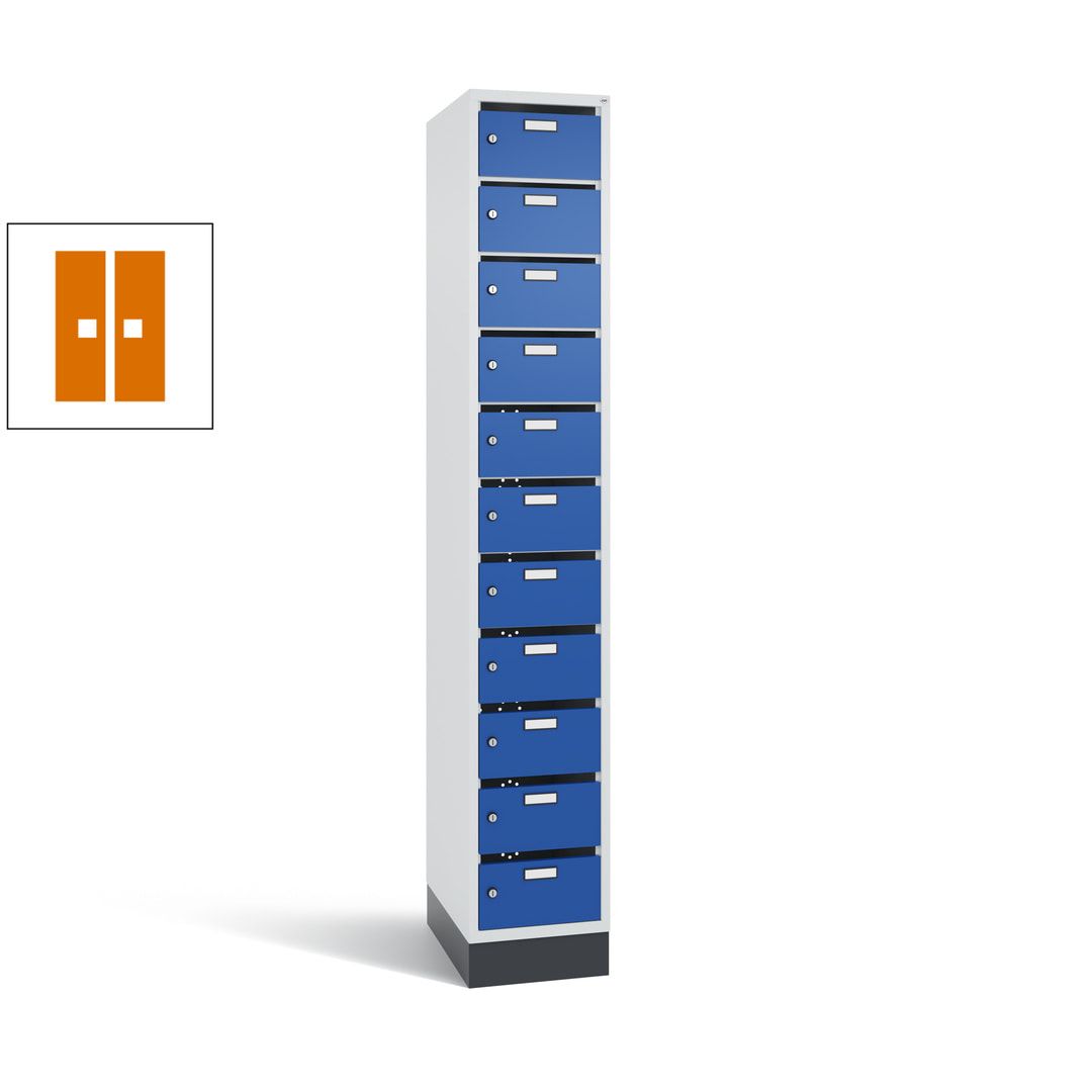 Postverteilerschrank, Schließfachschrank, mit Sockel, 11 Fächer, 1.950 x 320 x 500 mm (HxBxT), Korpus lichtgrau, Tür anthrazitgrau