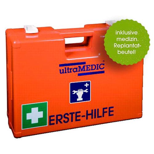 ultraMEDIC Erste-Hilfe-Koffer, Verbandkasten, Baustelle, mit Füllsortiment, nach DIN 13157, Augenspülung, 300 x 430 x 145 mm (HxBxT), ABS, orange