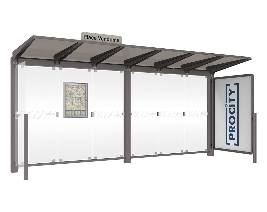Buswartehalle - Unterstand - Fahrplankasten - Haltestellenschild - Seitenwand - Schaukasten - 2.390 x 5.000 x 1.500 mm (HxBxT) - enzianblau
