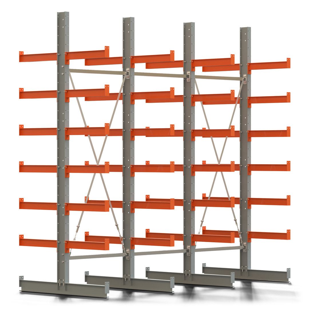 Doppelseitiges Kragarmregal, 2 Felder, 3.000 x 2.000 x 1.120 mm (HxBxT), Nutztiefe 500 mm, Kragarmlast 870 kg, KARL basic, silbergrau/reinorange