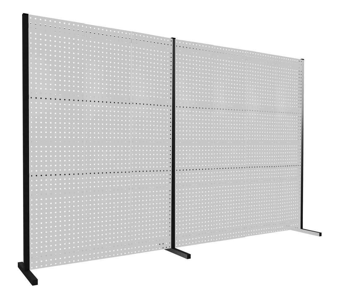 Modulare Trennwand, Werkzeugwand, Doppelfeld 180 Grad, 6 Lochplatten, Plattenhöhe 1.500 mm, 2.000 x 3.000 mm (HxB), Anthrazitgrau (RAL 7016)