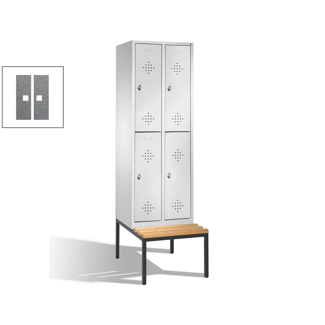 Garderobenschrank, Spind, 2 Abteile, 4 Fächer, 2.090 x 610 x 815 mm (HxBxT), Hartholz Sitzbank untergebaut, Korpus weißaluminium, Türen anthrazitgrau