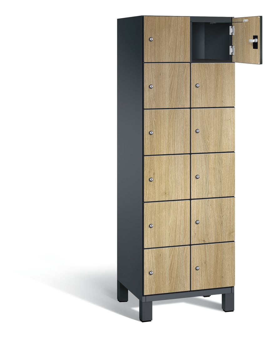 Fächerschrank, Stahlschrank, 12 Fächer, Türöffnungsbegrenzer, Füße, 1.980 x 600 x 525 mm, Korpus anthrazitgrau, Dekorfront HPL Donau-Ahorn