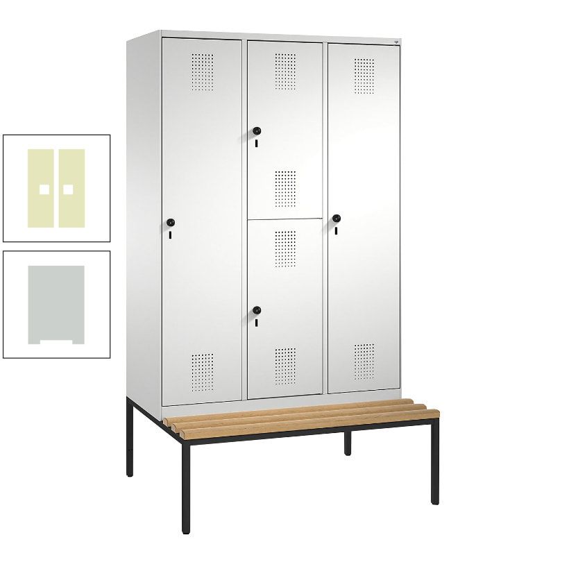 Garderobenschrank, Spind ein- und doppelstöckig Sitzbank, 3 Abteile, 4 Fächer, 2.090x1.200x500 mm (HxBxT), Front anthrazitgrau, Korpus anthrazitgrau