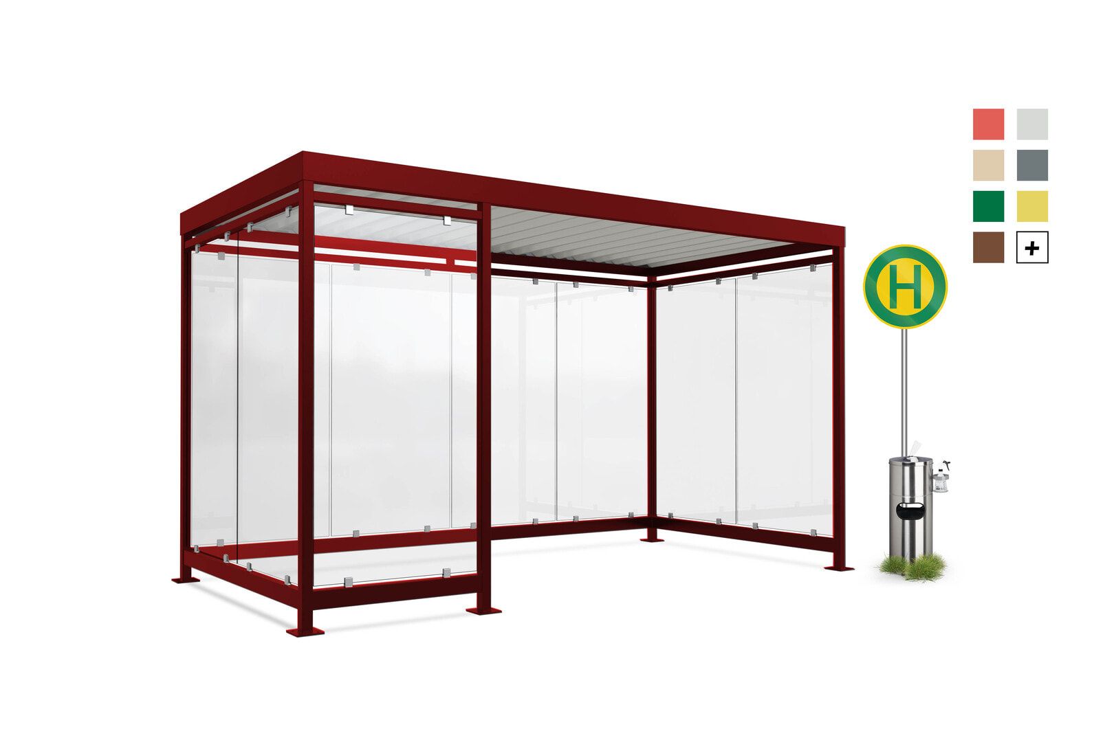 Raucherunterstand, Bausatz, Fahrgastunterstand, Bushaltestelle, 12-13 Personen, 2.510 x 4.195 x 2.165 mm (HxBxT), 9 Wände, braunrot