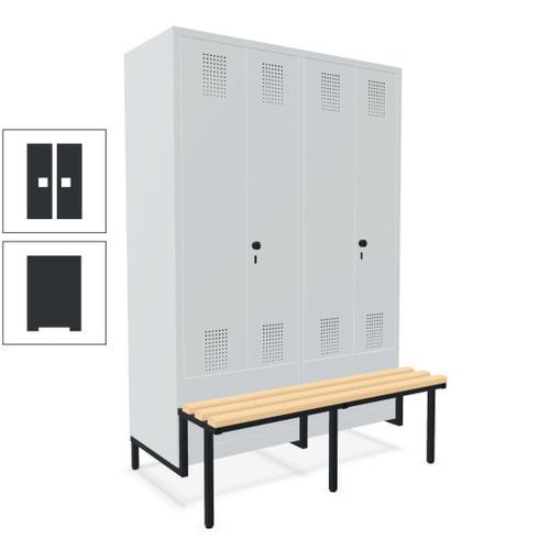 Doppel-Spind, Garderobenschrank, Buche Sitzbank integriert, 4 Abteile 300 mm, Korpus anthrazitgrau, Tür anthrazitgrau, 1.850 x 1.200 x 815 mm (HxBxT)