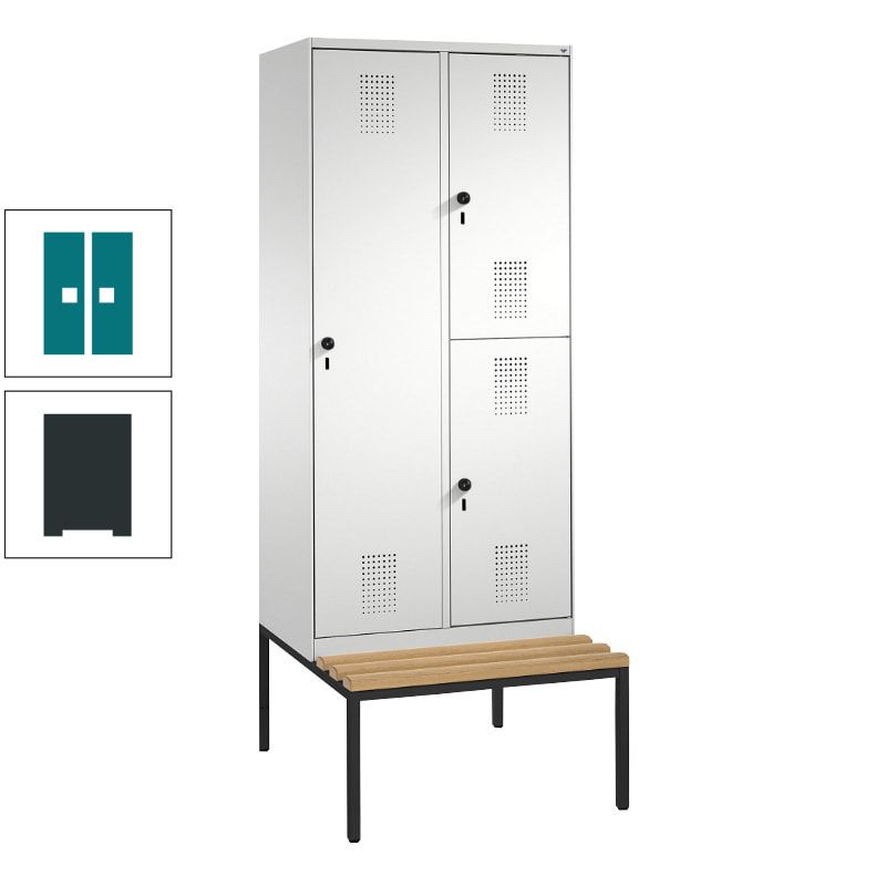 Garderobenschrank, Spind ein- und doppelstöckig Sitzbank, 2 Abteile, 3 Fächer, 2.090 x 800 x 500 mm (HxBxT), Front anthrazitgrau, Korpus anthrazitgrau