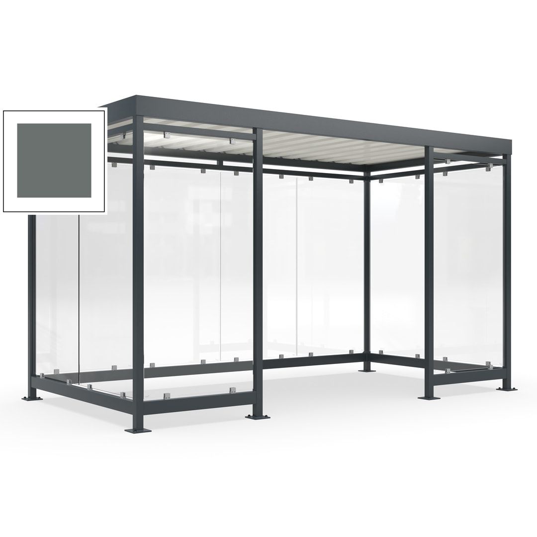Fahrgastunterstand, Raucherunterstand, fertig montiert, Aufdübeln, 12-13 Personen, 2.510 x 4.195 x 2.165 mm (HxBxT), 10 Wände, Achatgrau