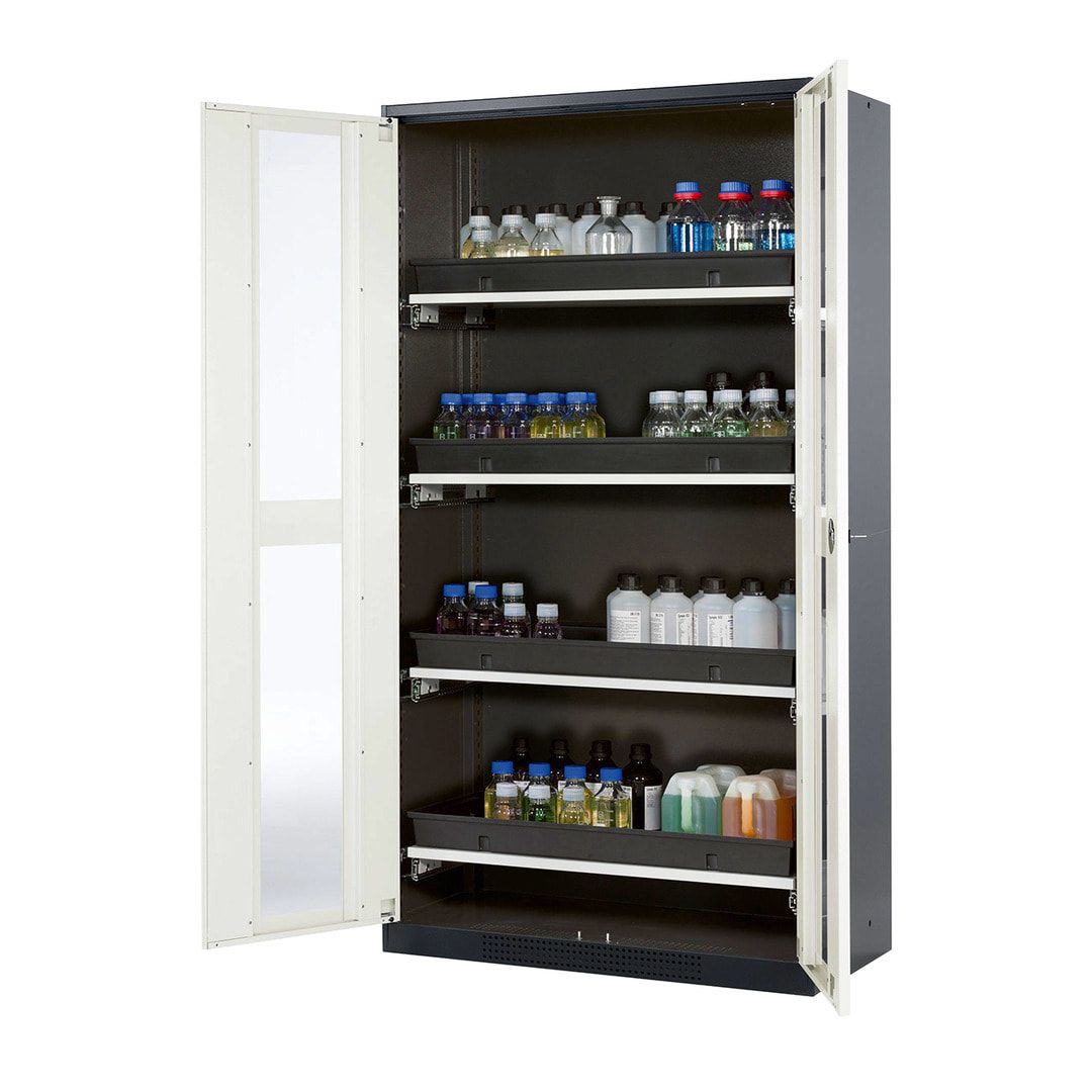 Chemikalienschrank - Falttüren, enzianblau - 3 Fachböden - 1.950 x 1.055 x 520 mm (HxBxT) - Stahl, pulverbeschichtet
