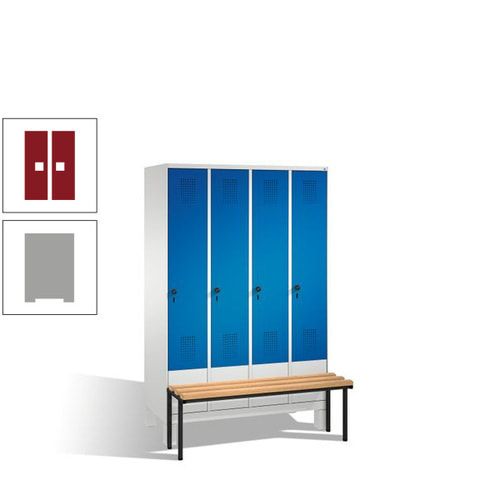 Stahl-Garderobenschrank, Spind, Buche Sitzbank vorgebaut, 4 Abteile a 300 mm, Korpus Lichtgrün, Tür Schwefelgelb, 1.850 x 1.200 x 815 mm (HxBxT)