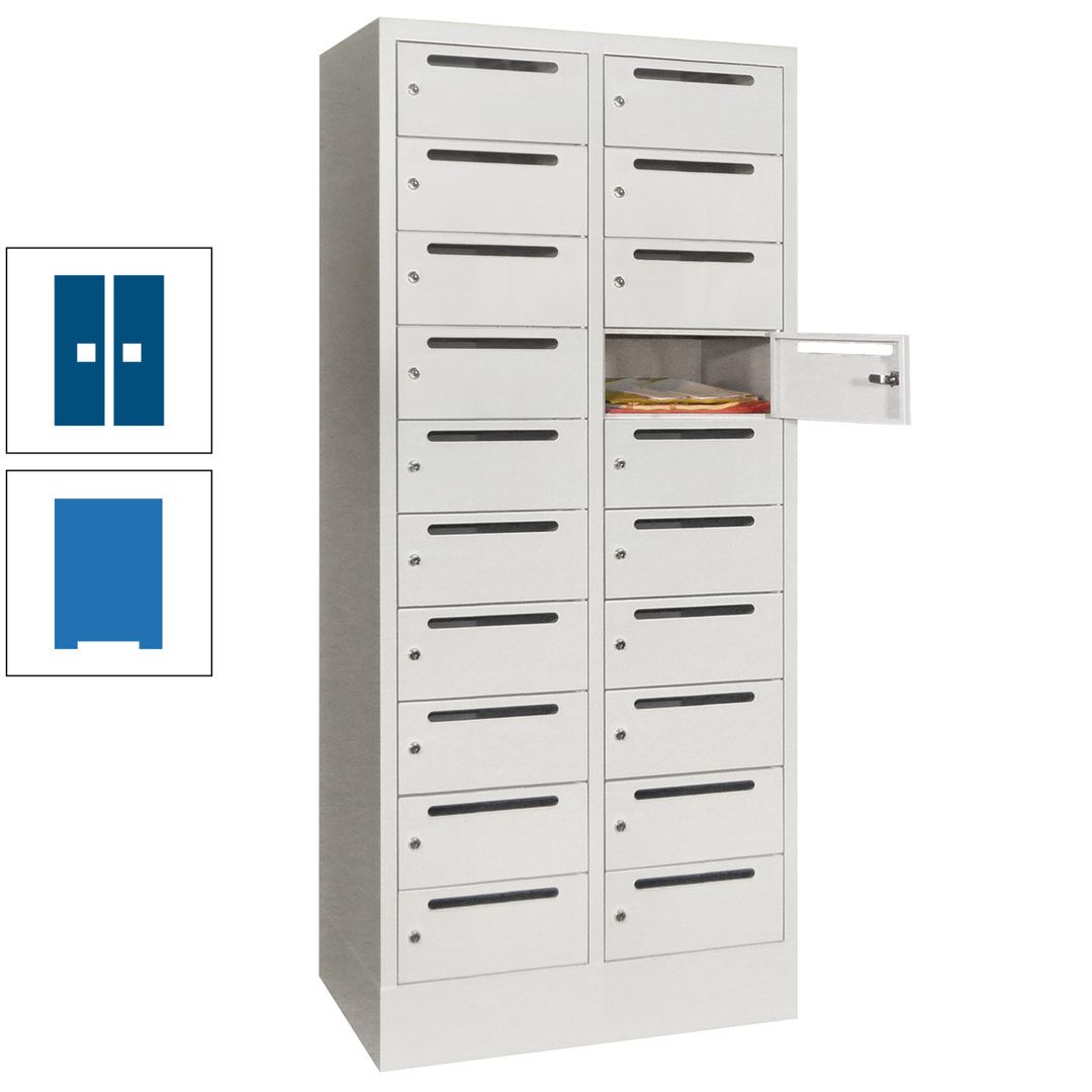 Postverteilerschrank, Schließfachschrank, 2 Abteile a 400 mm, 20 Fächer, 1.850 x 800 x 500 mm (HxBxT), Korpus anthrazitgrau, Front anthrazitgrau