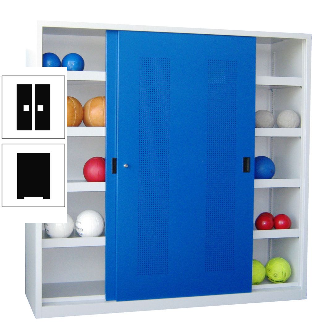 Ballschrank - Schiebetüren mit Lochfeld - Trennwand - 8 Böden - 1.950x2.000x600 mm (HxBxT) - anthrazitgrau