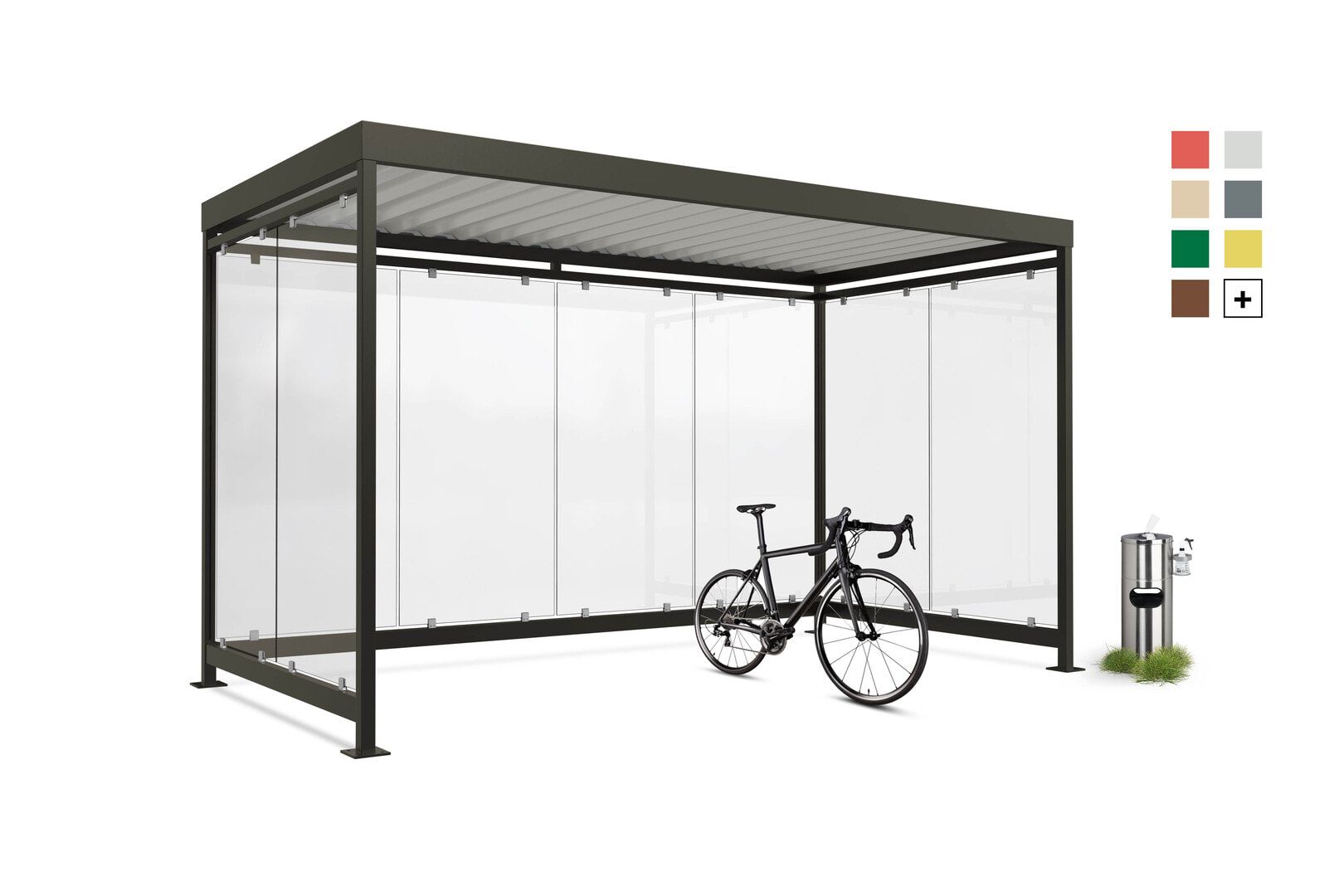 Fahrradunterstand, Raucherunterstand, Bausatz, 12-13 Personen, 2.510 x 4.195 x 2.165 mm (HxBxT), 8 Wände, Farngrün