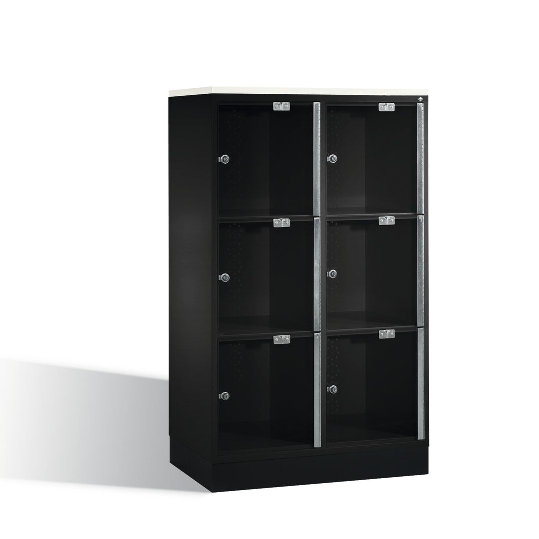 Schließfachschrank, Fächerschrank mit Türen aus Acrylglas, 2 Abteile, 6 Fächer, Zylinderschloss, 1.370 x 820 x 500 mm (HxBxT), Korpus anthrazitgrau