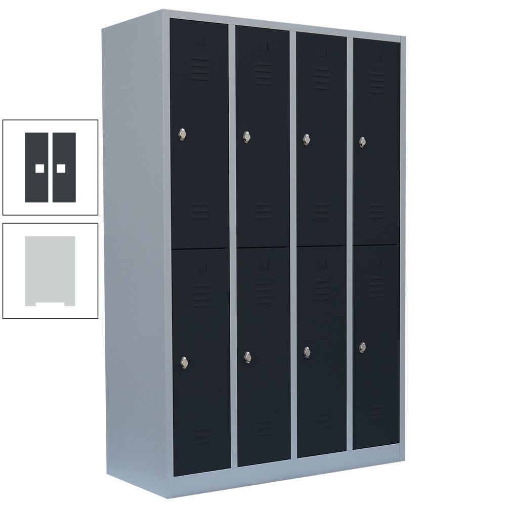 Garderobenschrank, Doppelstockspind, 4 Abteile, 8 Fächer, 1.800 x 1.170 x 500 mm (HxBxT), Stahl, Drehriegel, Korpus: lichtgrau, Front: anthrazitgrau