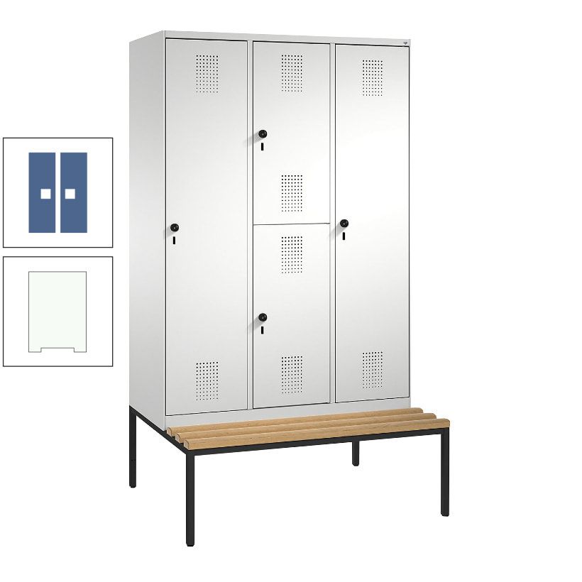 Garderobenschrank, Spind ein- und doppelstöckig Sitzbank, 3 Abteile, 4 Fächer, 2.090x1.200x500 mm (HxBxT), Front anthrazitgrau, Korpus anthrazitgrau