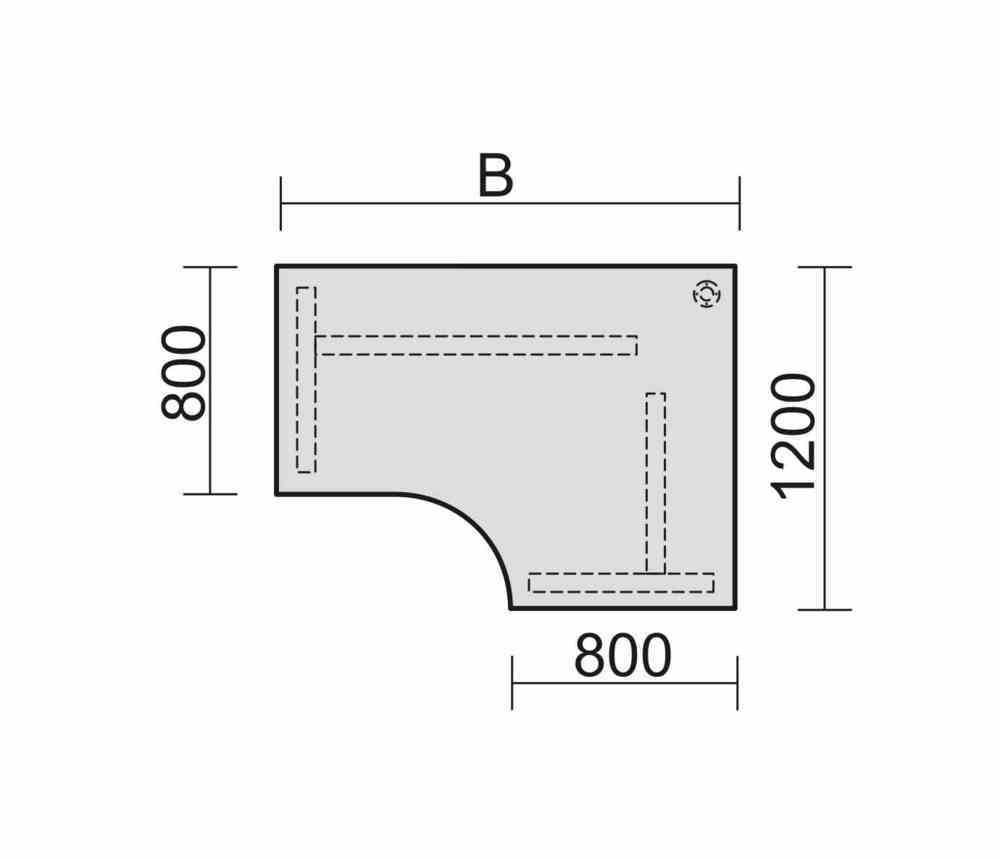 Eckschreibtisch, Eckteil 800 mm, rechts, Füße einseitig verkürzt, C-Fuß Pro, höhenverstellbar, 680-820 x 1.600 x 1.200 mm (HxBxT), Dekor Ahorn