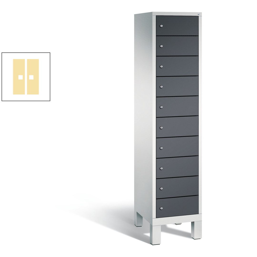 Laptopschrank, Tabletschrank, Computerschrank auf Füßen, 10 Fächer, 1.850 x 420 x 500 mm (HxBxT), Korpus gelborange, Tür anthrazitgrau