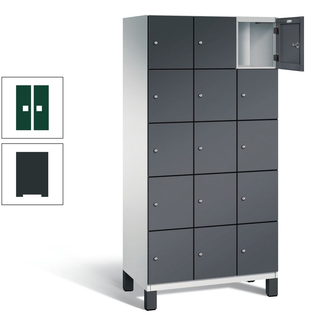 Fächerschrank, Stahlschrank, 15 Fächer, Türöffnungsbegrenzer, Füße, 1.980 x 900 x 525 mm (HxBxT), Korpus anthrazitgrau, Front anthrazitgrau