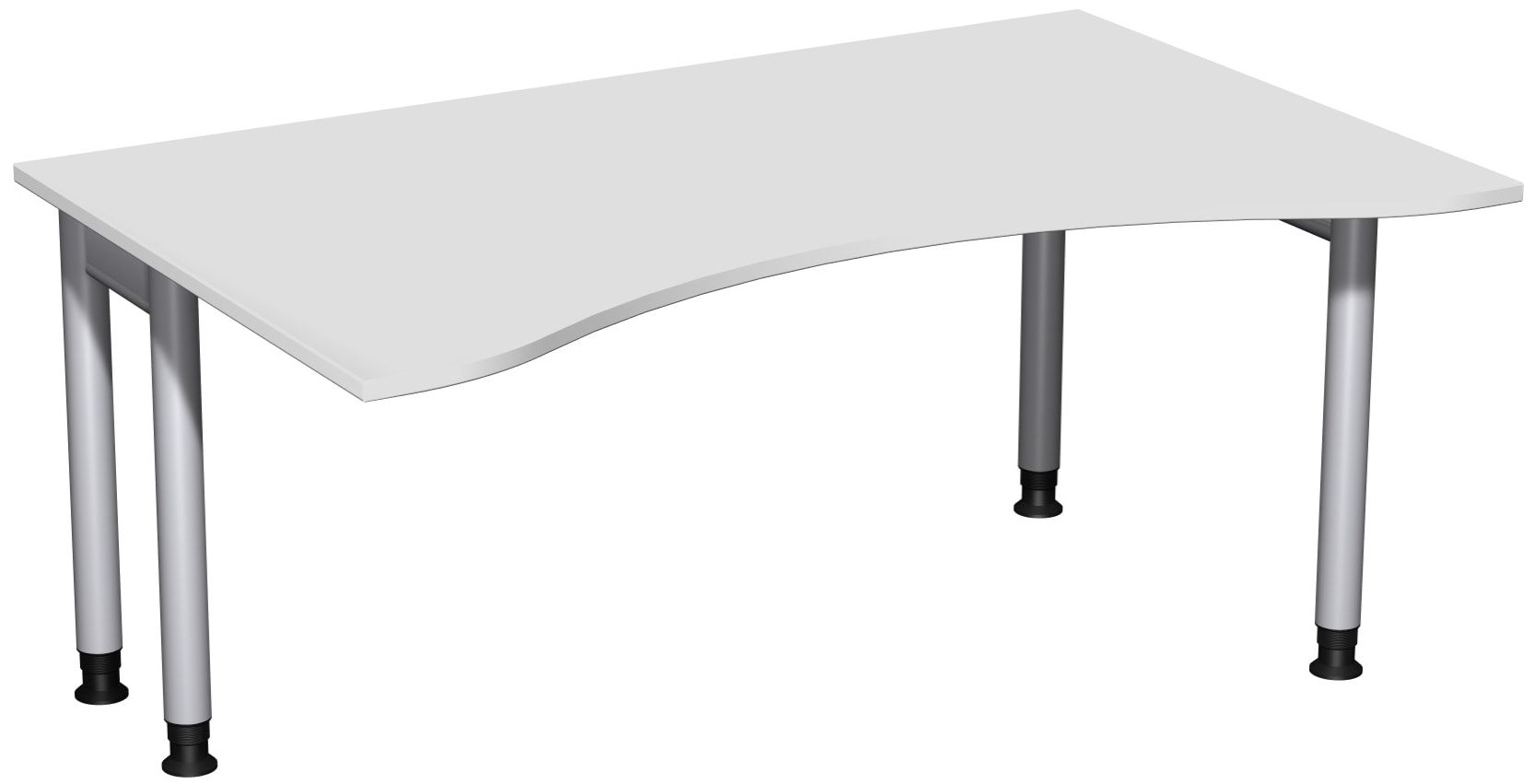 Ergo-Schreibtisch, Füße einseitig verkürzt, 4-Fuß Pro, höhenverstellbar, 680-800 x 1.600 x 1.000 mm (HxBxT), Gestell silber, Dekor Ahorn