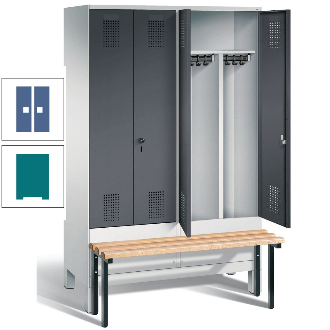 Doppel-Spind, Garderobenschrank, Buche Sitzbank vorgebaut, 4 Abteile a 300 mm, Korpus feuerrot, Tür Wasserblau, 1.850 x 1.200 x 815 mm (HxBxT)
