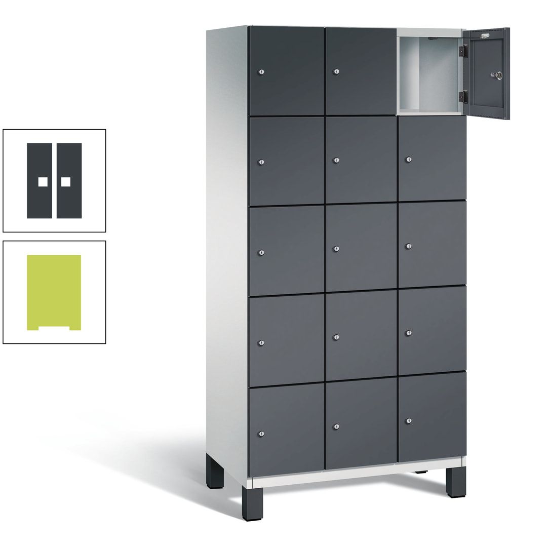 Fächerschrank, Stahlschrank, 15 Fächer, Türöffnungsbegrenzer, Füße, 1.980 x 900 x 525 mm (HxBxT), Korpus anthrazitgrau, Front anthrazitgrau