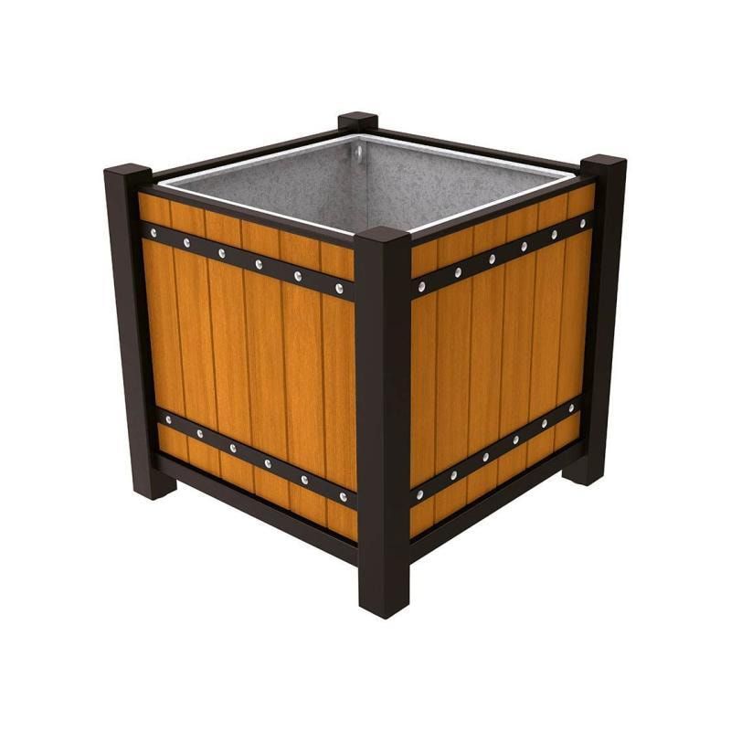 Pflanzbehälter, Pflanzgefäß, verzinkt, Eichenholzverkleidung, innen feuerverzinkt mit Verladungsgriffen, 960 x 1.060 x 1.060 mm (HxBxT), enzianblau