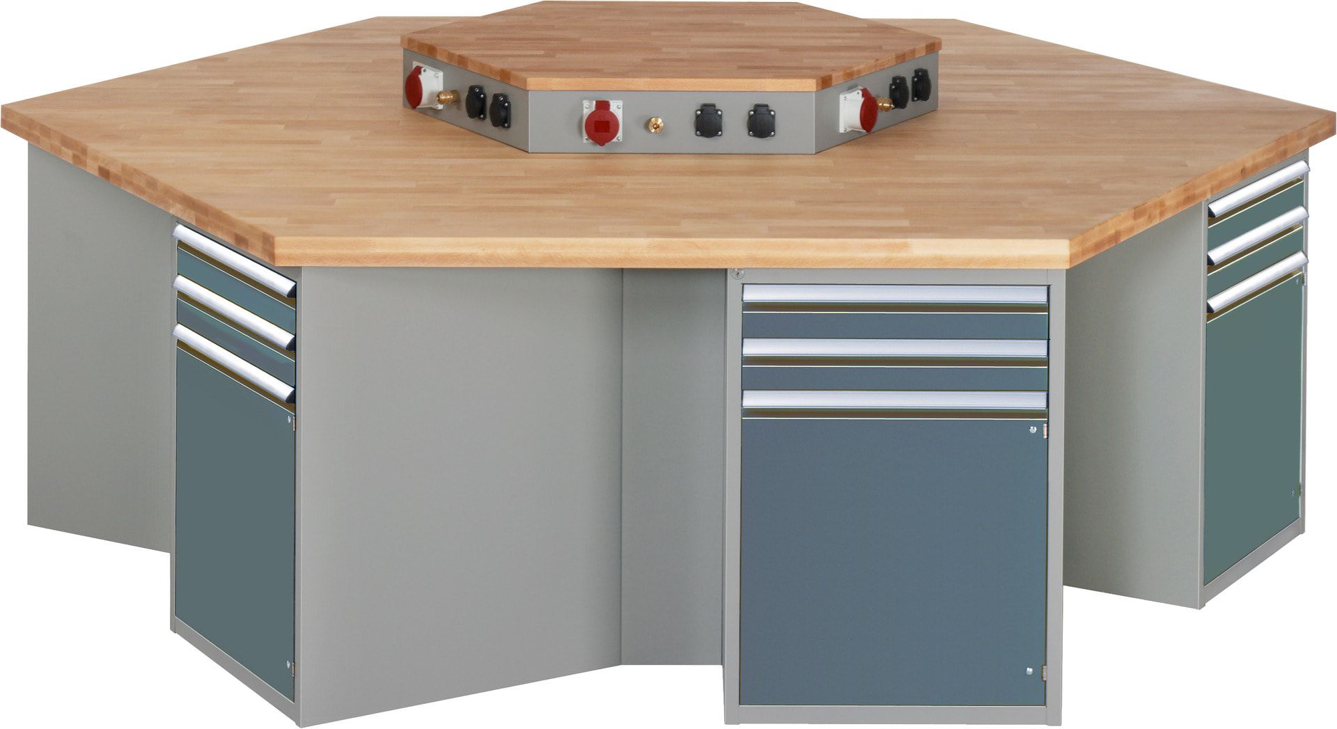 Gruppenwerkbank, Buche, Höhe 840 mm, mit Energieaufsatz, Unterbau-Container, 2 Schubladen, 1 Tür, 1 Boden - Anthrazitgrau