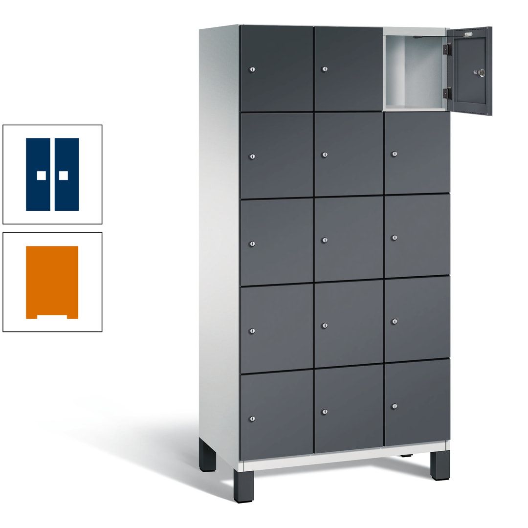 Fächerschrank, Stahlschrank, 15 Fächer, Türöffnungsbegrenzer, Füße, 1.980 x 900 x 525 mm (HxBxT), Korpus anthrazitgrau, Front anthrazitgrau