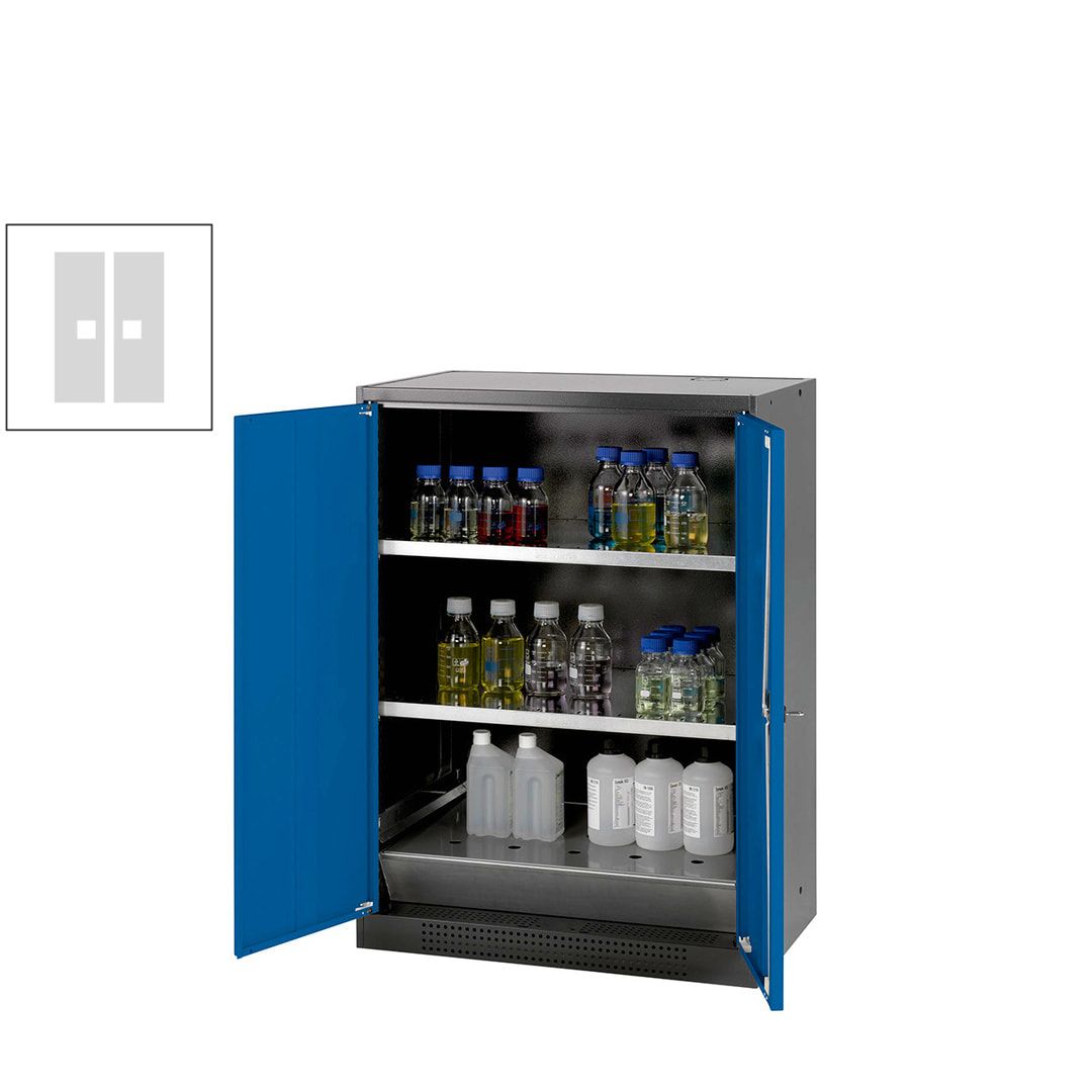 Chemikalienschrank - Flügeltüren, enzianblau - 2 Fachböden - 1.105 x 810 x 520 mm (HxBxT) - Stahl, pulverbeschichtet