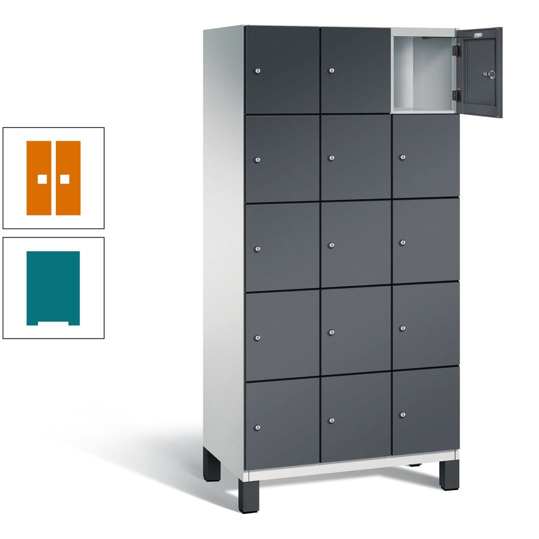 Fächerschrank, Stahlschrank, 15 Fächer, Türöffnungsbegrenzer, Füße, 1.980 x 900 x 525 mm (HxBxT), Korpus anthrazitgrau, Front anthrazitgrau