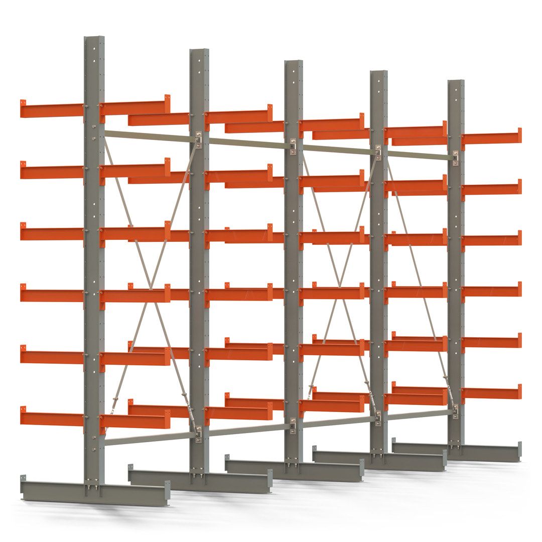 Doppelseitiges Kragarmregal, 2 Felder, 3.000 x 2.560 x 1.120 mm (HxBxT), Nutztiefe 500 mm, Kragarmlast 870 kg, KARL basic, silbergrau/reinorange