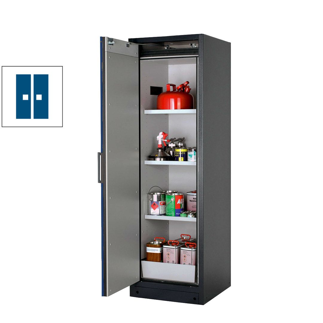 Gefahrstoffschrank - 1.953x599x615 mm - 2 Fachböden - Edelstahl-Einrichtung - Türanschlag Links - Front enzianblau