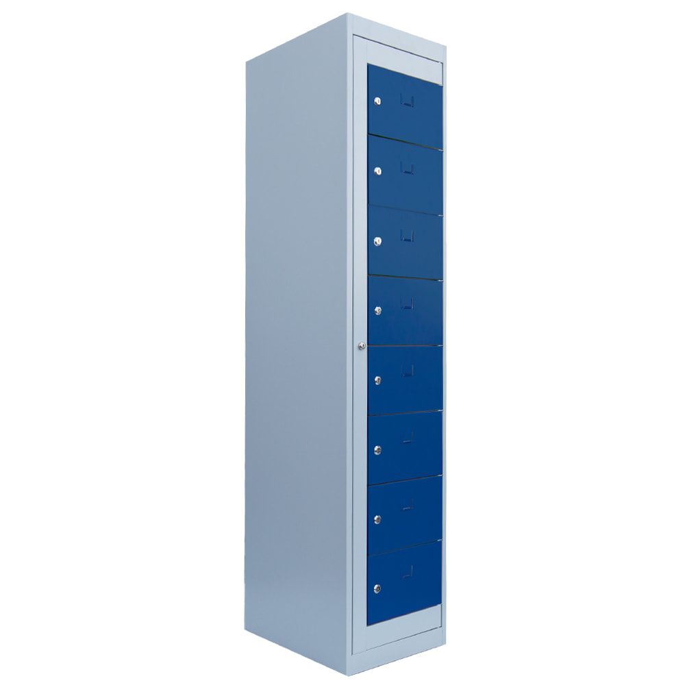 Verteilerschrank, Ausgabeschrank, Fächerschrank, Zentraltür, 1 Abteil, 8 Fächer, 1.800 x 400 x 500 mm (HxBxT), Korpus lichtgrau, Front enzianblau