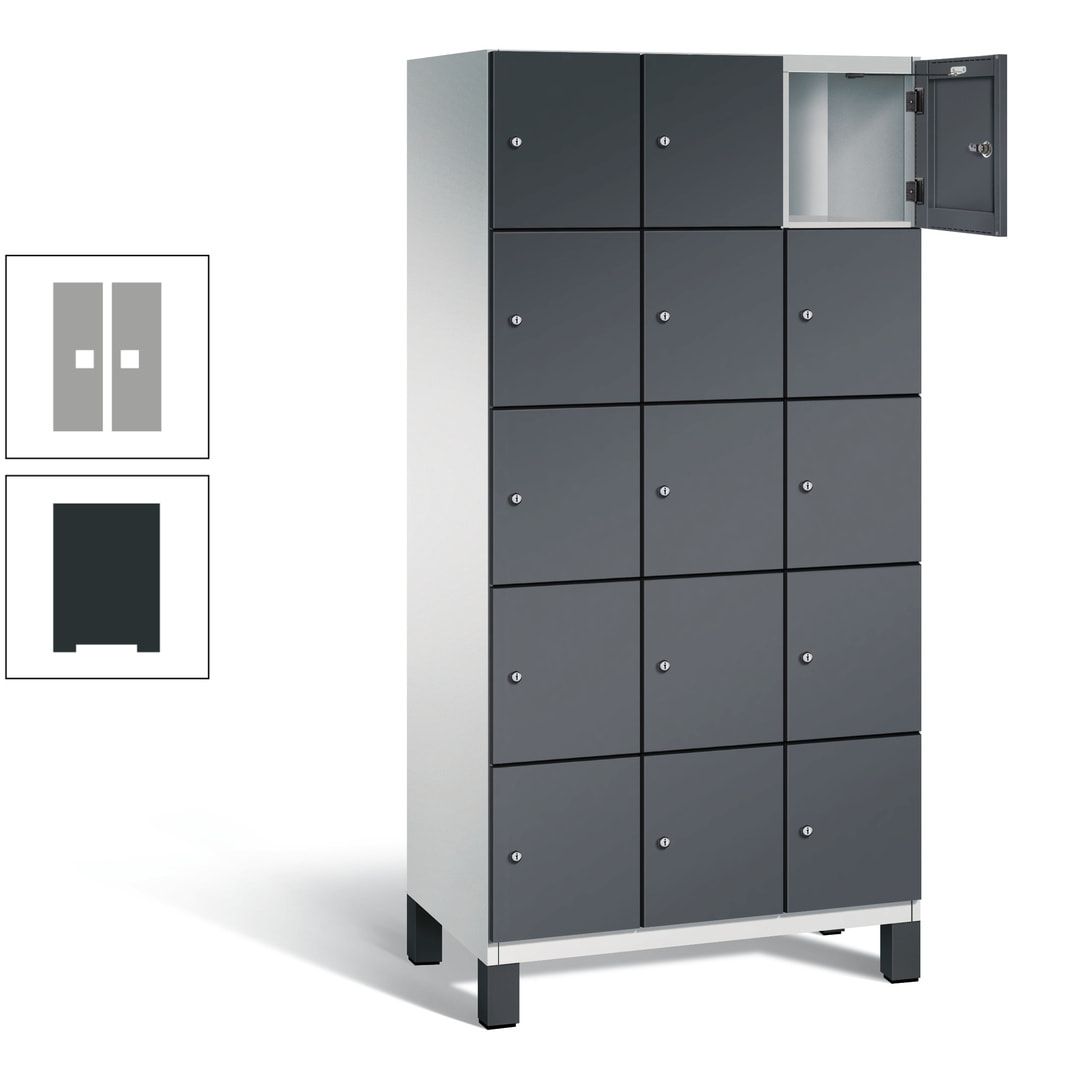 Fächerschrank, Stahlschrank, 15 Fächer, Türöffnungsbegrenzer, Füße, 1.980 x 900 x 525 mm (HxBxT), Korpus anthrazitgrau, Front anthrazitgrau