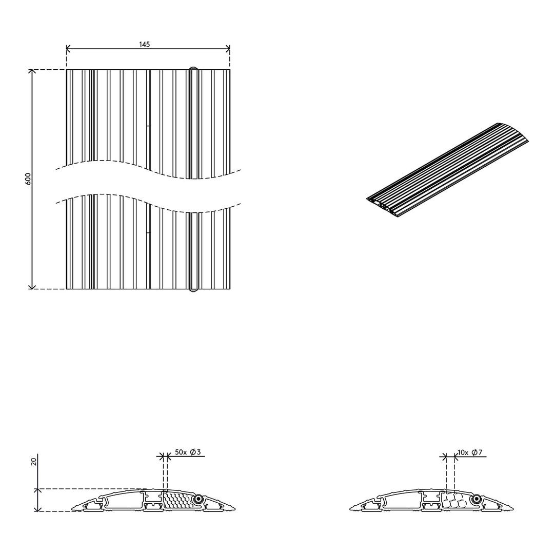 Alu Kabelbrücke - Kabelabdeckung - Bodenkabelschutz - Kabelschutz - silber - aufklappbar - 20 x 145 x 1.180 mm (HxBxL)