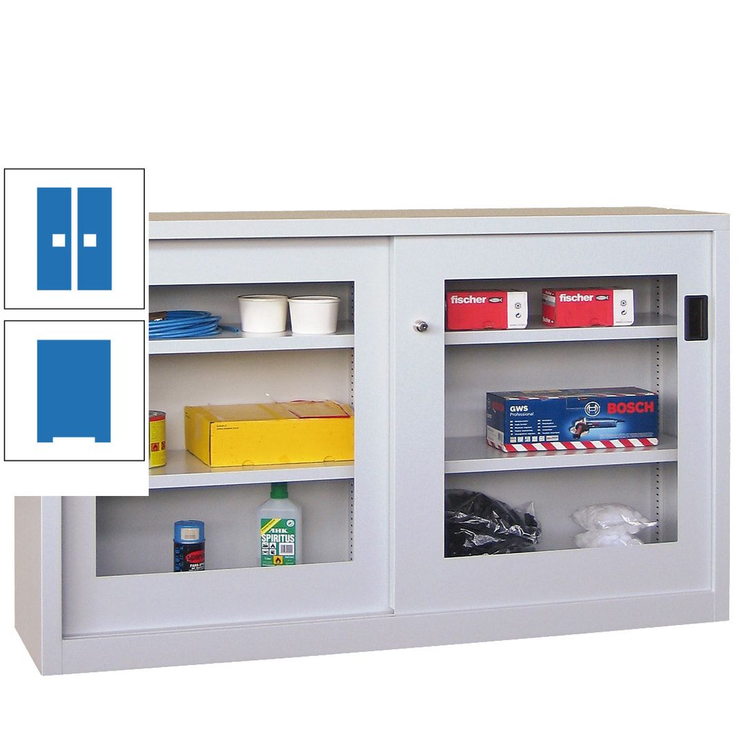 Schiebetürenschrank - Sichtfenstertüren - 1.000x1.500x600 mm (HxBxT) - 4 Böden, verzinkt - Zylinderschloss - anthrazitgrau