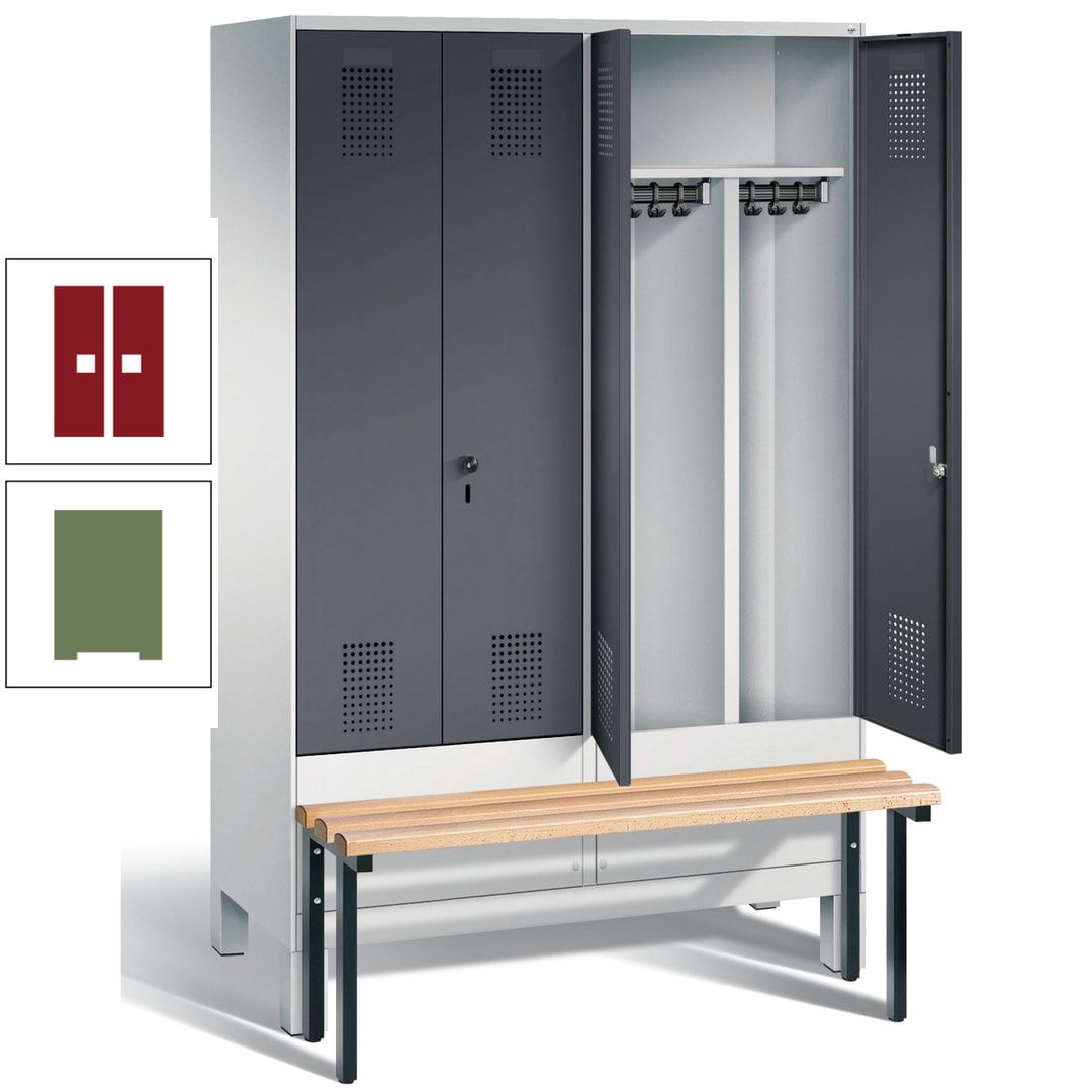 Doppel-Spind, Garderobenschrank, Buche Sitzbank vorgebaut, 4 Abteile a 300 mm, Korpus feuerrot, Tür Wasserblau, 1.850 x 1.200 x 815 mm (HxBxT)