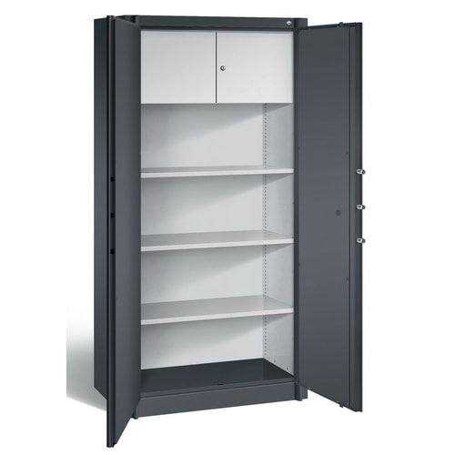 Feuergeschützter Aktenschrank, Klasse A1, 3 Fachböden und Schließfach einflügelig, Farbe schwarzgrau, 1.950 x 930 x 500 mm (HxBxT)
