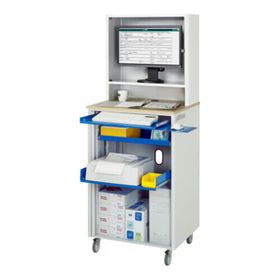 Computer-Arbeitsplatz, Steckdosen Buche-Dekor, Monitorgehäuse, verschließbare Rollladen, Tastaturtablar, mobil - Farbe wählbar