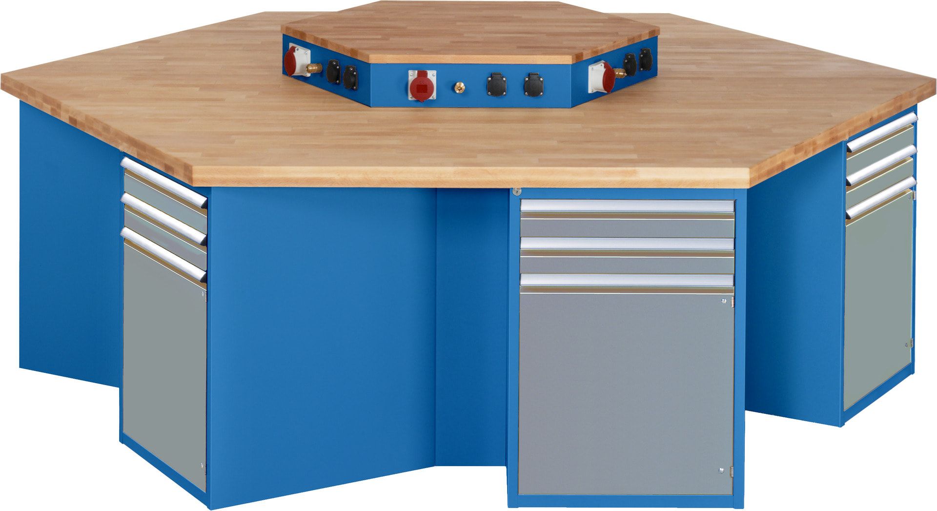 Gruppenwerkbank, Buche, Höhe 840 mm, mit Energieaufsatz, Unterbau-Container, 2 Schubladen, 1 Tür, 1 Boden - Anthrazitgrau