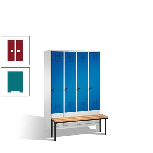 Stahl-Garderobenschrank, Spind, Buche Sitzbank vorgebaut, 4 Abteile a 300 mm, Korpus Lichtgrün, Tür Schwefelgelb, 1.850 x 1.200 x 815 mm (HxBxT)