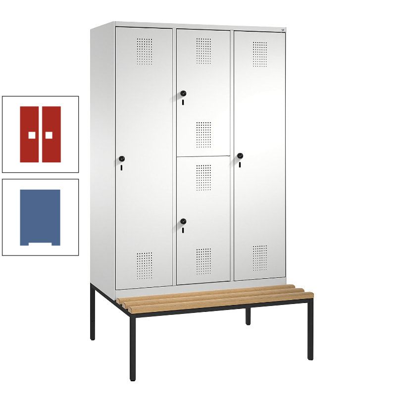 Garderobenschrank, Spind ein- und doppelstöckig Sitzbank, 3 Abteile, 4 Fächer, 2.090x1.200x500 mm (HxBxT), Front anthrazitgrau, Korpus anthrazitgrau