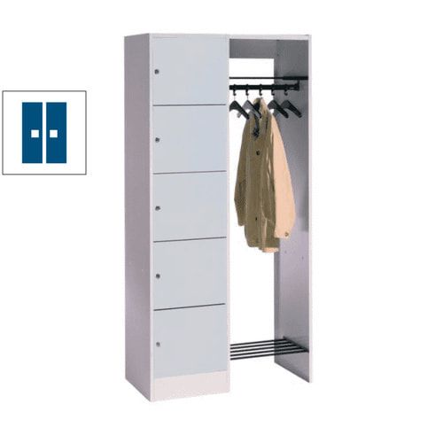 Garderobenanlage, Offene Garderobe mit Spindschrank, 5 Fächer, links, Korpusfarbe lichtgrau, Türfarbe enzianblau, 1.950 x 960 x 480 mm (HxBxT)