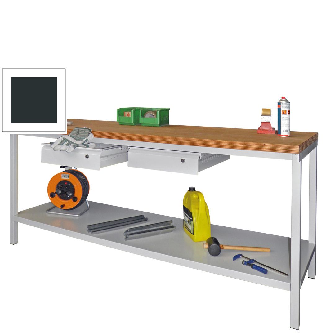 Werkbank mit Ablageboden - 2 Schubladen - 900 x 2.000 x 700 mm (HxBxT) - anthrazitgrau